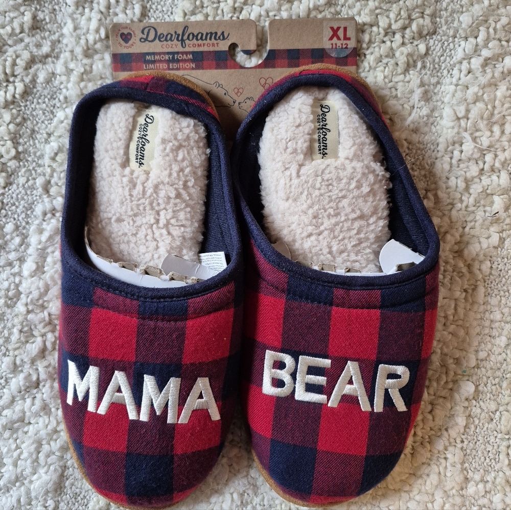 ❤️🔥New Womens XL11-12 Dearfoams Mama Bear Red/Blue Plaid MemoryFoam Slippers
